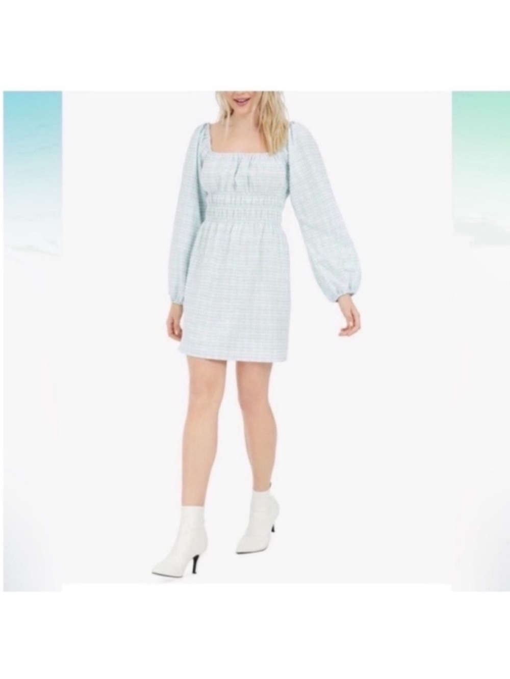 Leyden Blue& White Smocked Bubble Sleeve Dress Size Medium